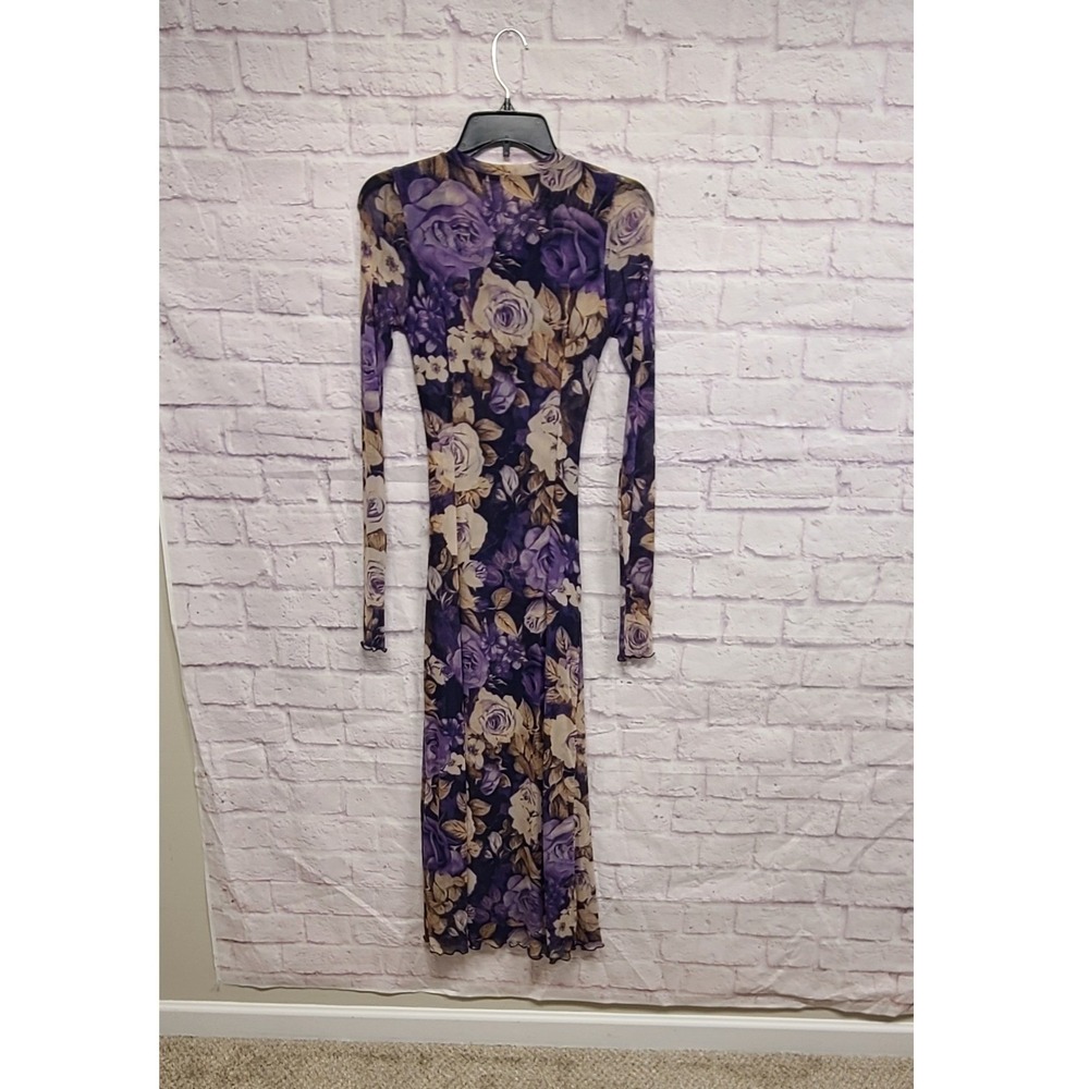 Free‎ People Floral Mesh Long Sleeve Ruched Maxi Dress Purple S - Picture 6 of 9